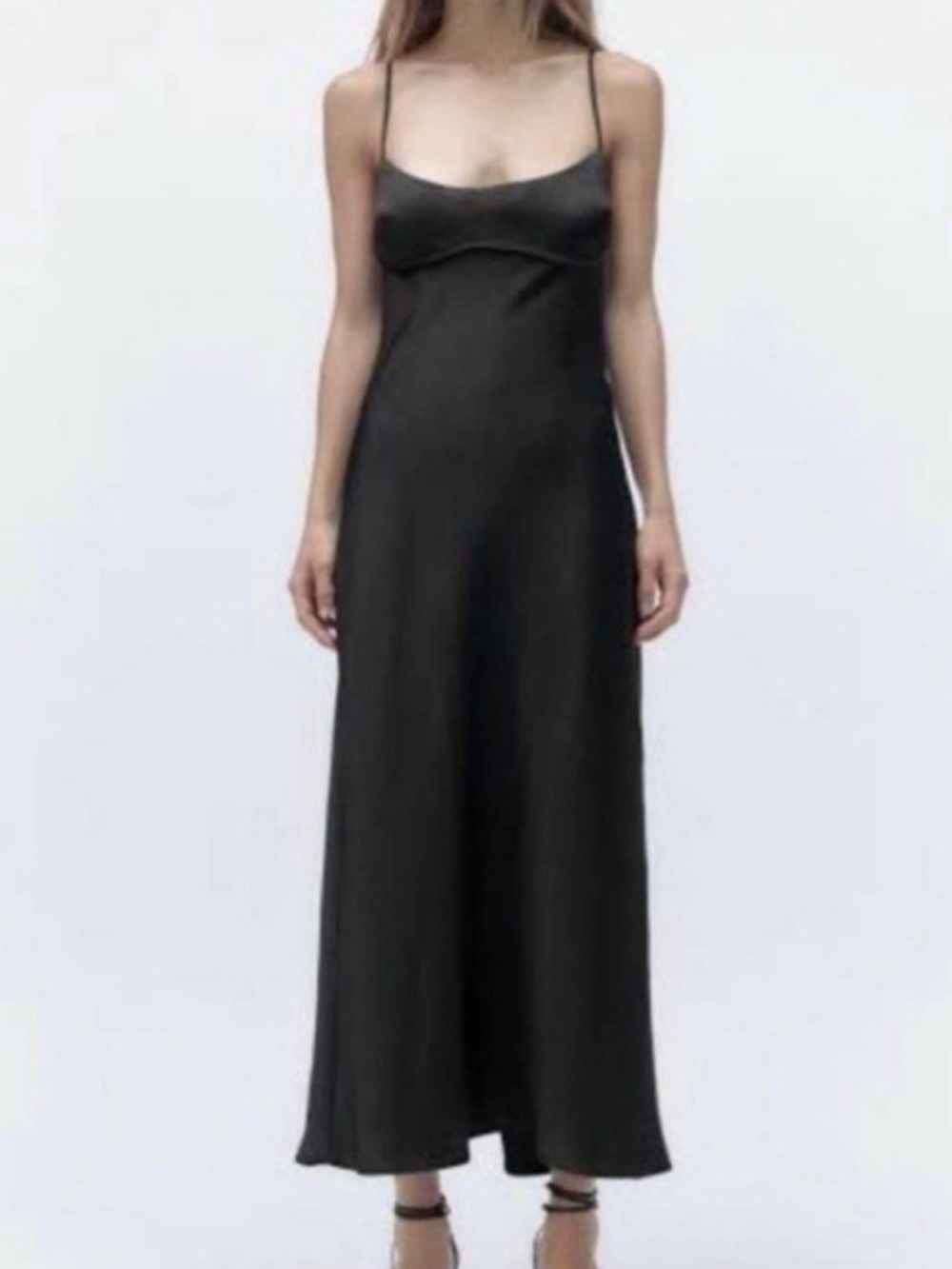 Zara Black Satin Slip Maxi Dress with Spaghetti Straps